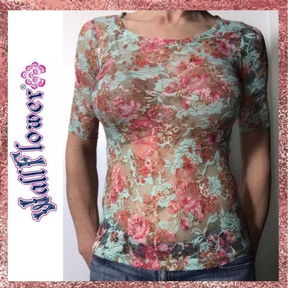 Wallflower Mint Green Pink Floral Lace Top Small S - Picture 1 of 8